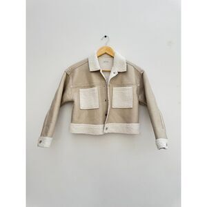 Tractr S Beige Faux Leather Sherpa Cropped Jacket Aviator Shearling Style